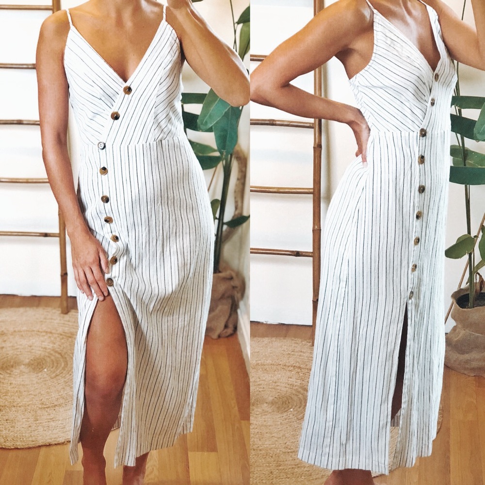 Mahina White Striped Midi Dress with Button Detail